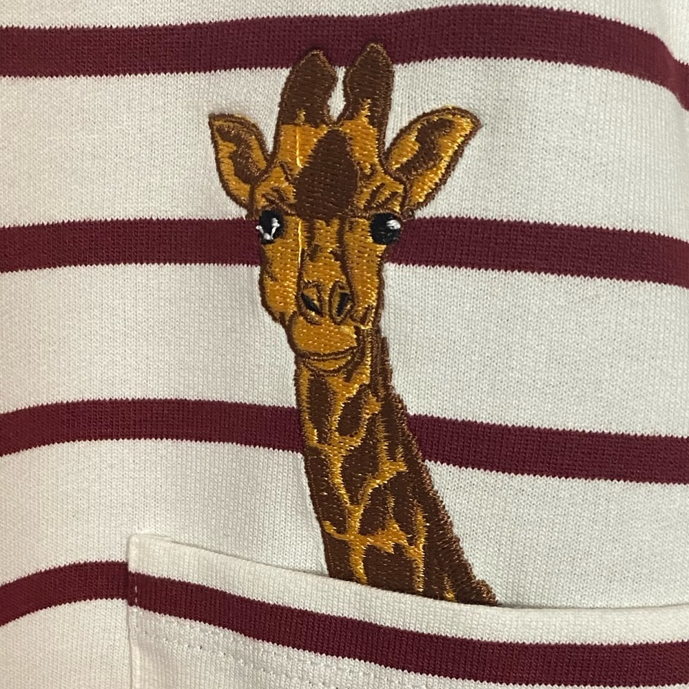 Embroidered Giraffe Stripe Pocket Top - Cream & Maroon